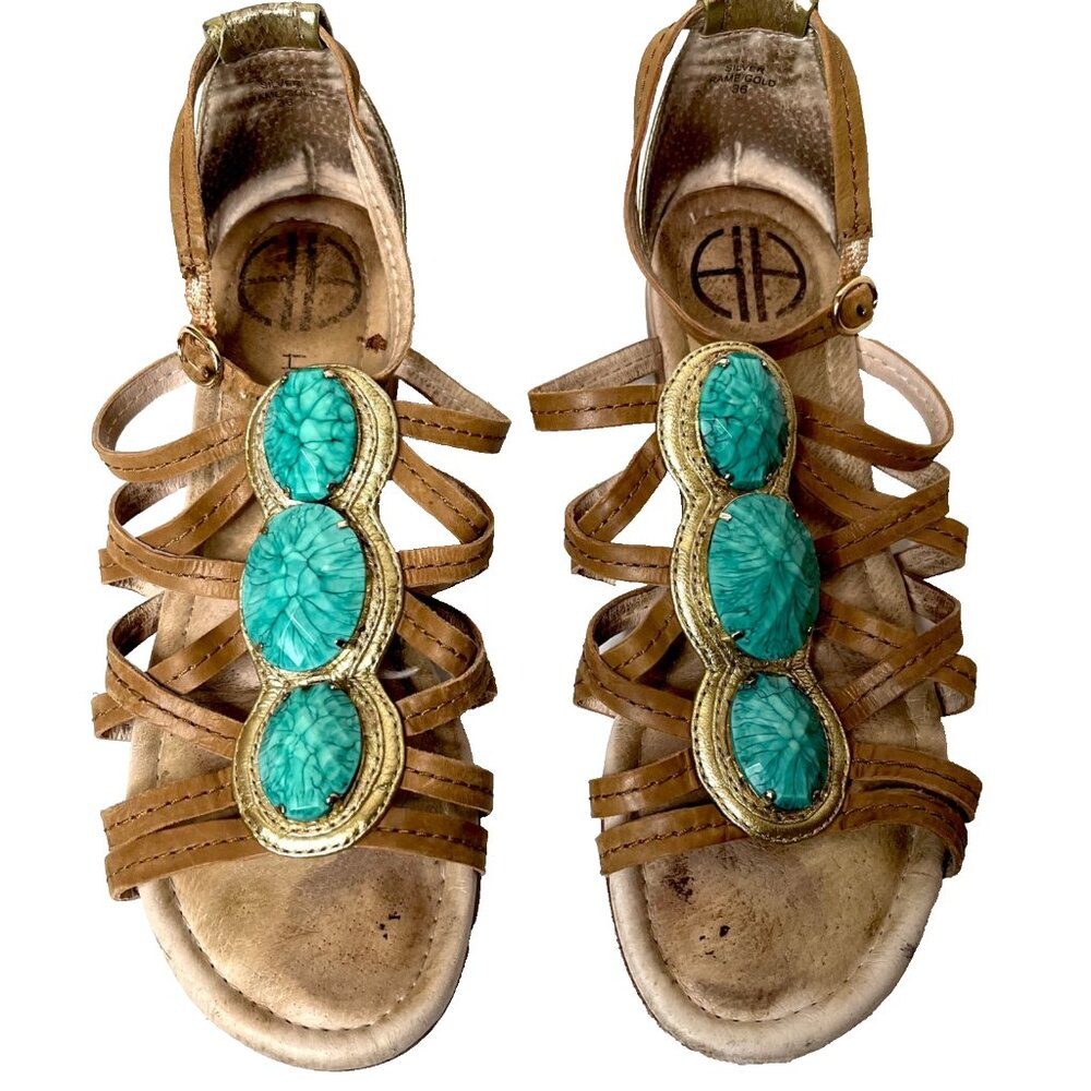 House of Harlow 1960 Leather Sandals Size 36 US 6 Brown Turquoise Beads Open Toe